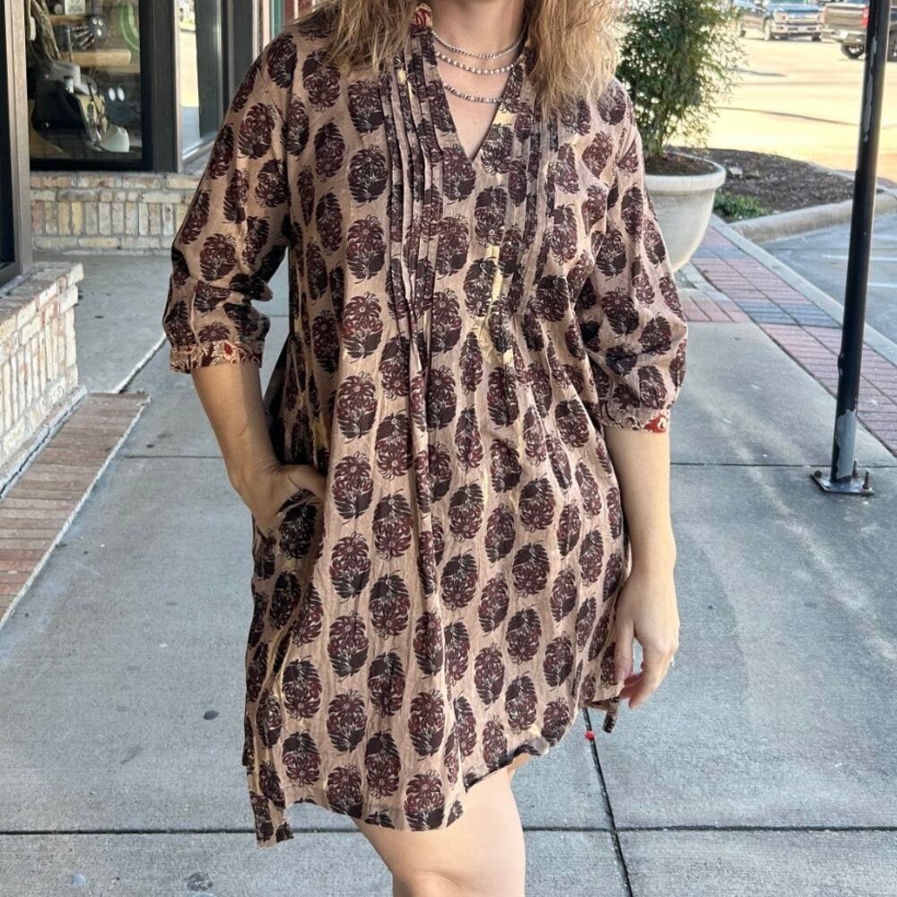 Jaded Gypsy Boho Pintuck Tunic Shirt Dress Women's Small Large Brown